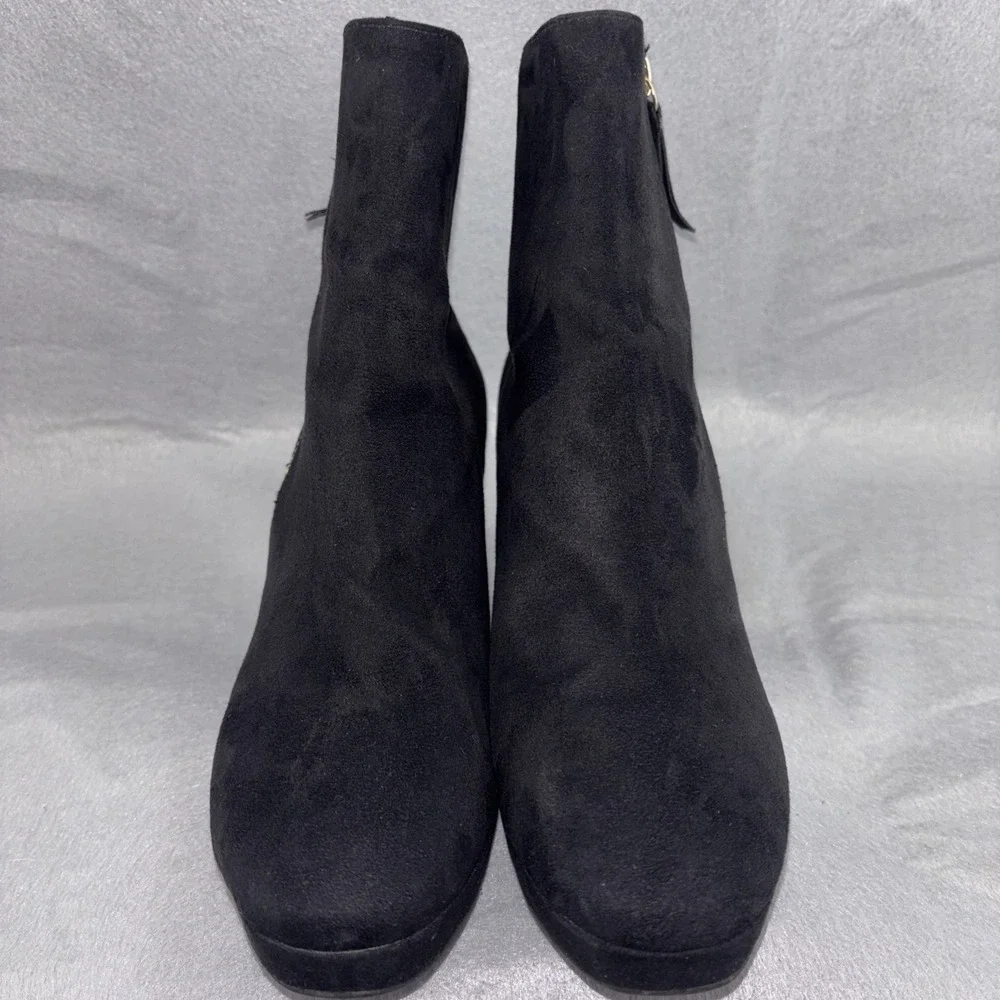 H&M Black Suede Platform High Heel Ankle‎ Boots Womens 6 Gold Tone Side Zip EUC